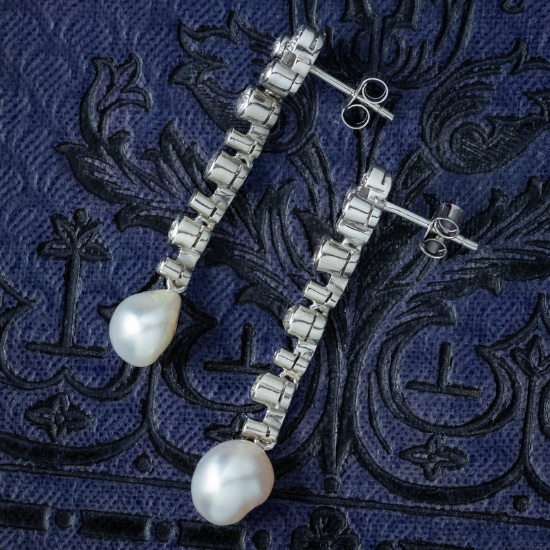Edwardian Style Pearl Diamond Drop Earrings 18ct Gold 1.3ct Total