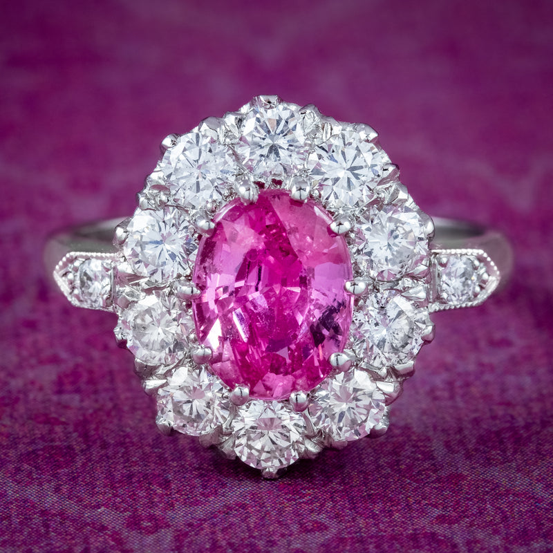Edwardian Style Pink Sapphire Diamond Cluster Ring 1.75ct Sapphire