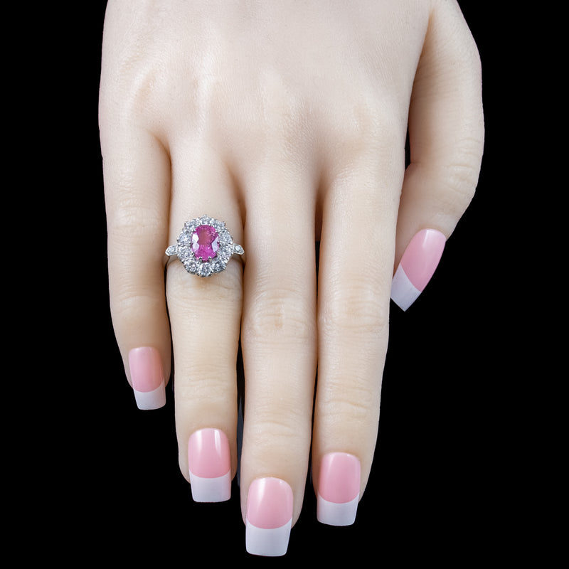 Edwardian Style Pink Sapphire Diamond Cluster Ring 1.75ct Sapphire