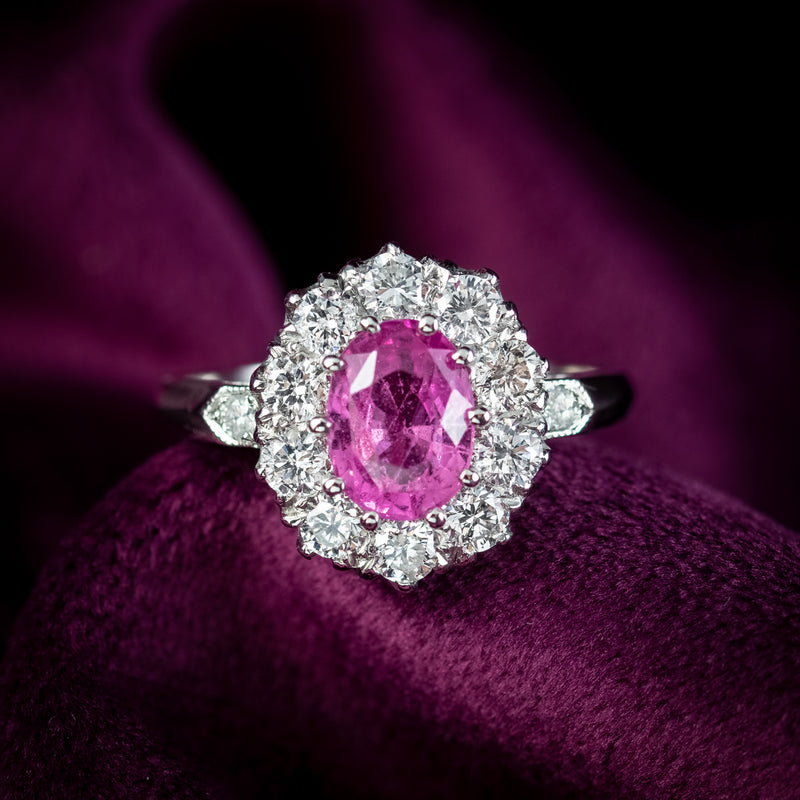 Edwardian Style Pink Sapphire Diamond Cluster Ring 1.75ct Sapphire