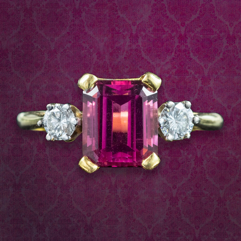 Vintage Pink Tourmaline Diamond Trilogy Ring 2.65ct Tourmaline