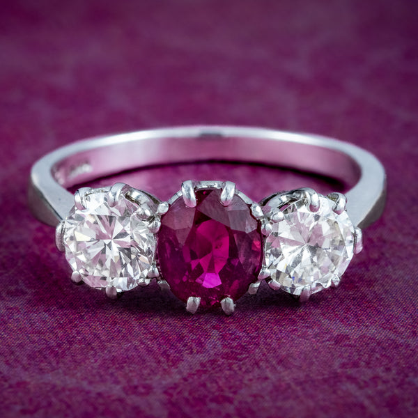 Edwardian Style Ruby Diamond Trilogy Ring 0.90ct Ruby 1.6ct Diamond