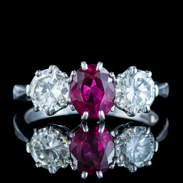 Edwardian Style Ruby Diamond Trilogy Ring 0.90ct Ruby 1.6ct Diamond