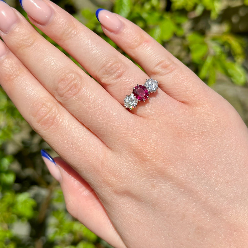 Edwardian Style Ruby Diamond Trilogy Ring 0.90ct Ruby 1.6ct Diamond