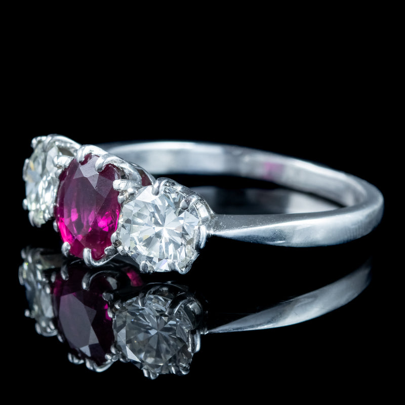 Edwardian Style Ruby Diamond Trilogy Ring 0.90ct Ruby 1.6ct Diamond