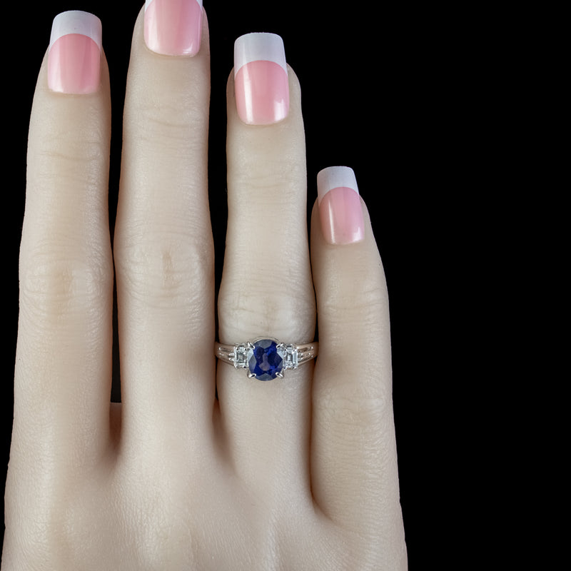 Edwardian Style Sapphire Diamond Trilogy Ring 1.65ct Sapphire