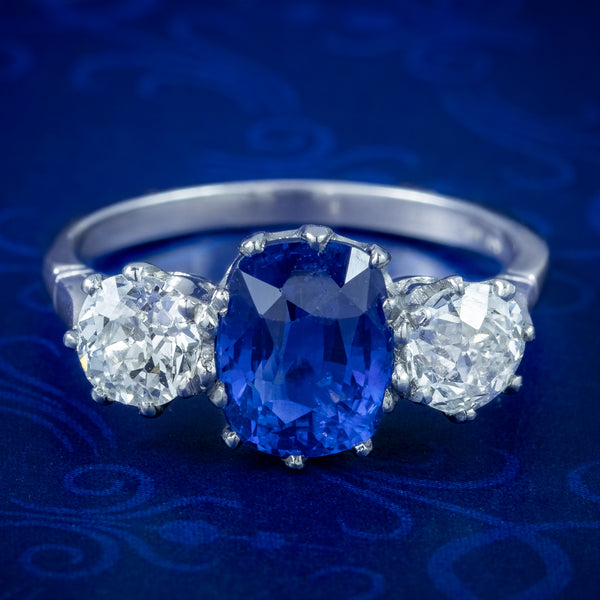 Edwardian Style Sapphire Diamond Trilogy Ring 2.7ct Sapphire 