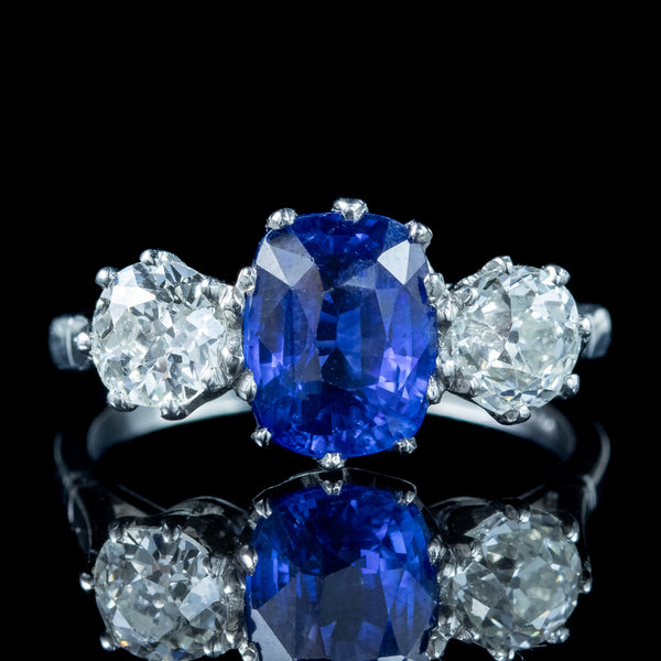 Edwardian Style Sapphire Diamond Trilogy Ring 2.7ct Sapphire 