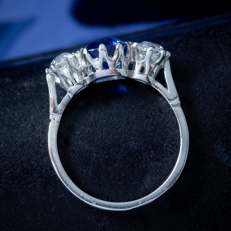 Edwardian Style Sapphire Diamond Trilogy Ring 2.7ct Sapphire 