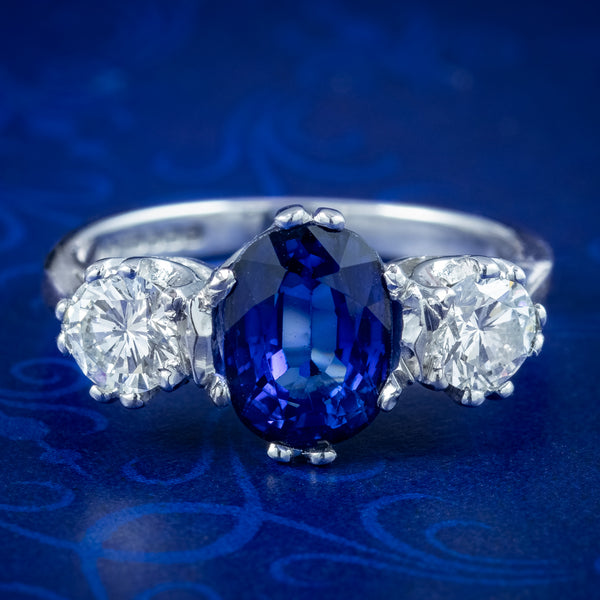 Edwardian Style Sapphire Diamond Trilogy Ring 2ct Sapphire