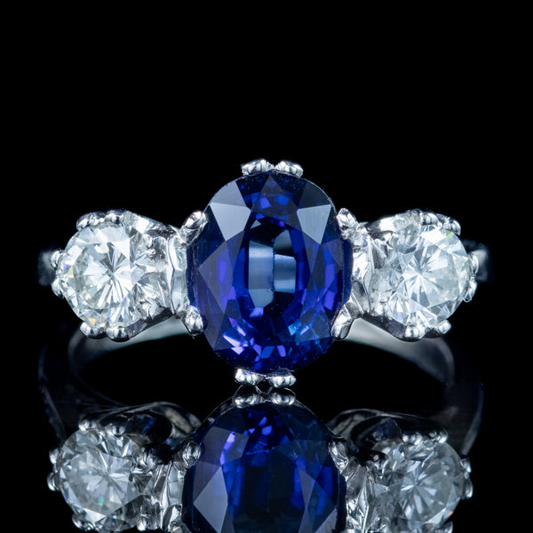 Edwardian Style Sapphire Diamond Trilogy Ring 2ct Sapphire