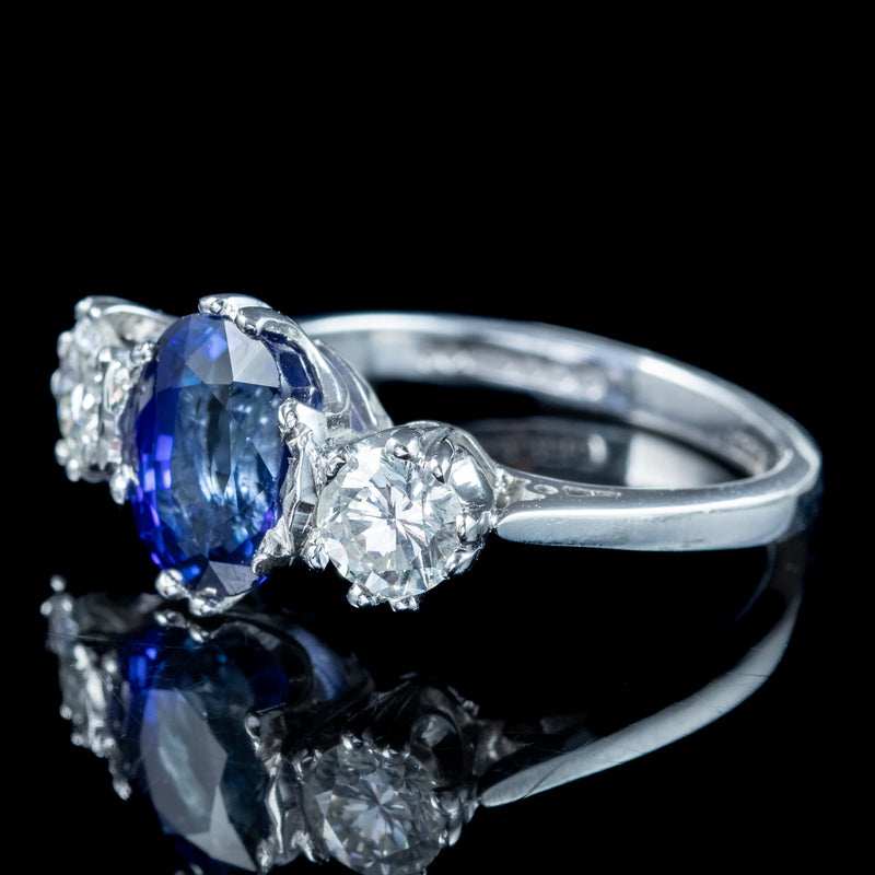 Edwardian Style Sapphire Diamond Trilogy Ring 2ct Sapphire