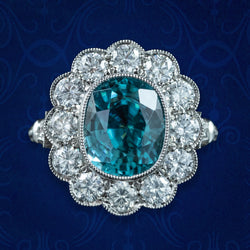 Edwardian Style Zircon Diamond Cluster Ring 6.61ct Blue Zircon