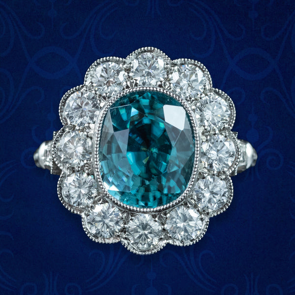 Edwardian Style Zircon Diamond Cluster Ring 6.61ct Blue Zircon