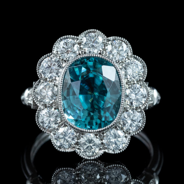 Edwardian Style Zircon Diamond Cluster Ring 6.61ct Blue Zircon