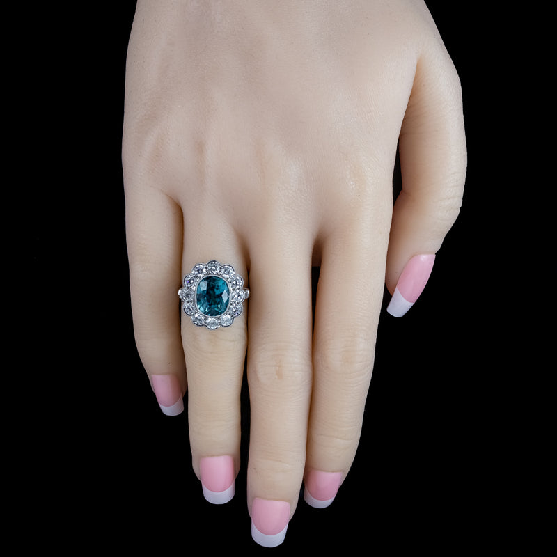 Edwardian Style Zircon Diamond Cluster Ring 6.61ct Blue Zircon