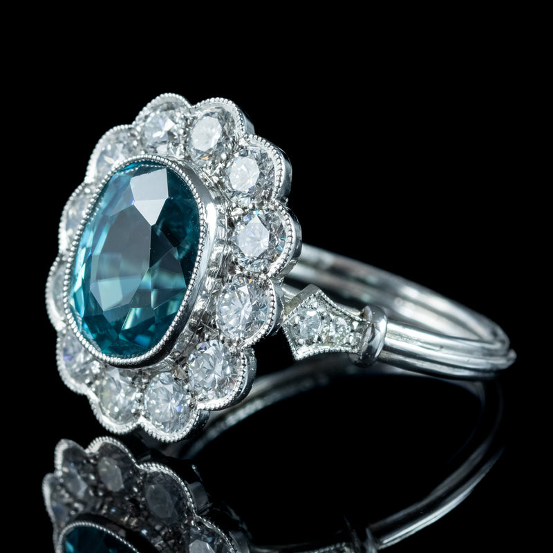 Edwardian Style Zircon Diamond Cluster Ring 6.61ct Blue Zircon