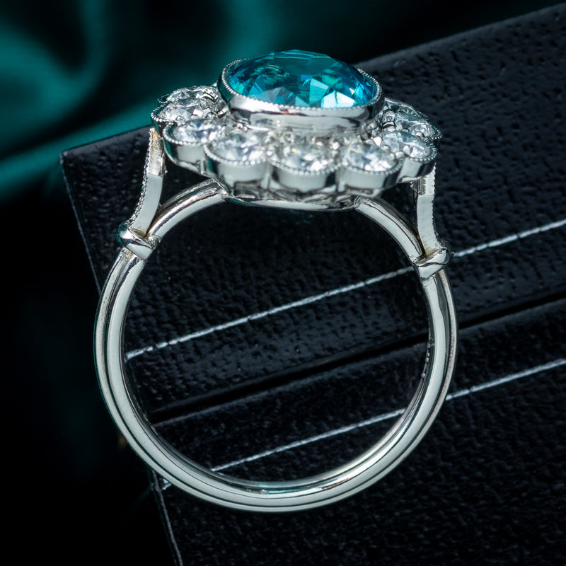 Edwardian Style Zircon Diamond Cluster Ring 6.61ct Blue Zircon