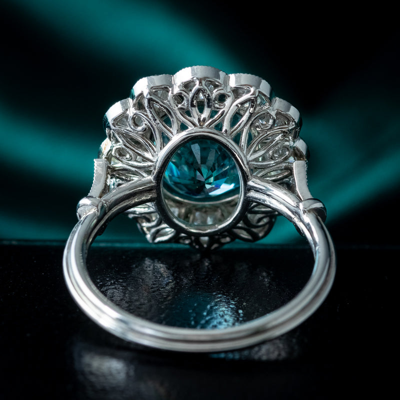 Edwardian Style Zircon Diamond Cluster Ring 6.61ct Blue Zircon