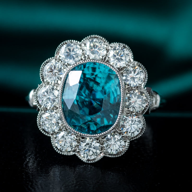 Edwardian Style Zircon Diamond Cluster Ring 6.61ct Blue Zircon