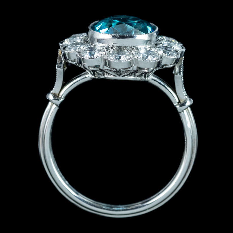 Edwardian Style Zircon Diamond Cluster Ring 6.61ct Blue Zircon