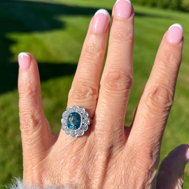Edwardian Style Zircon Diamond Cluster Ring 6.61ct Blue Zircon