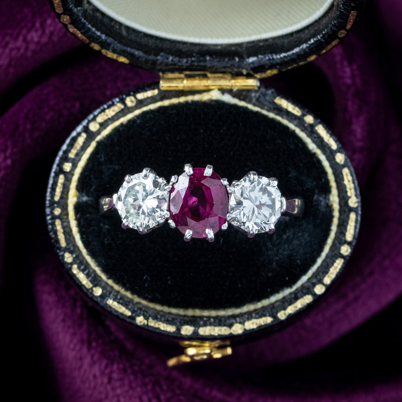 Edwardian Style Ruby Diamond Trilogy Ring 0.90ct Ruby 1.6ct Diamond