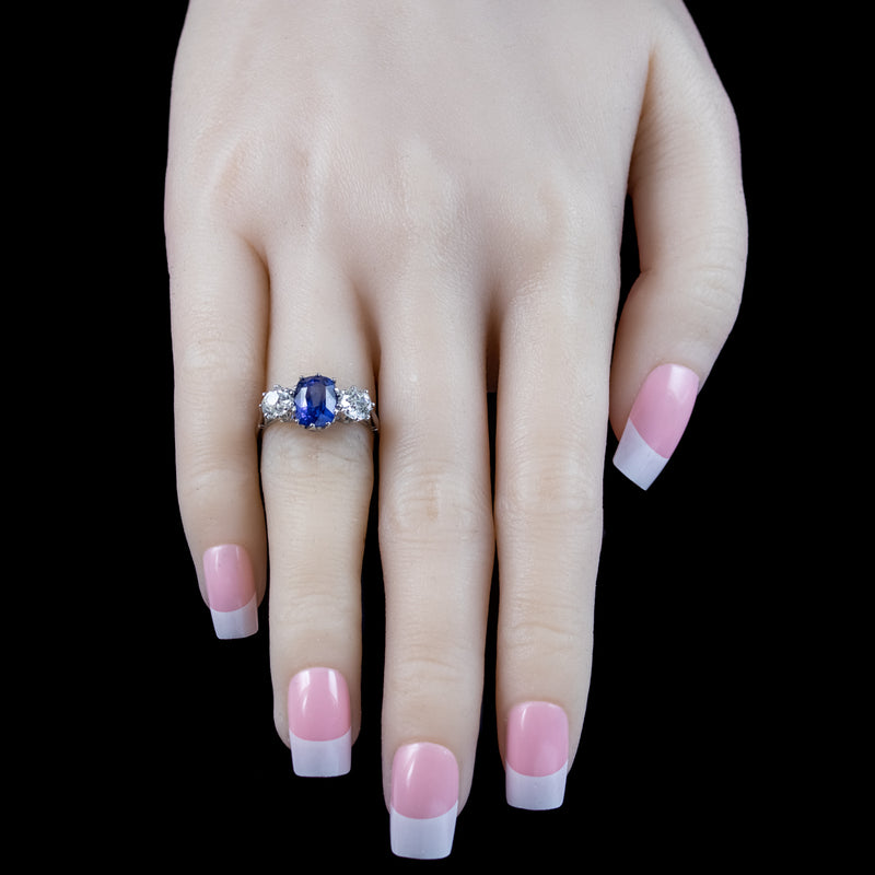 Edwardian Style Sapphire Diamond Trilogy Ring 2.7ct Sapphire
