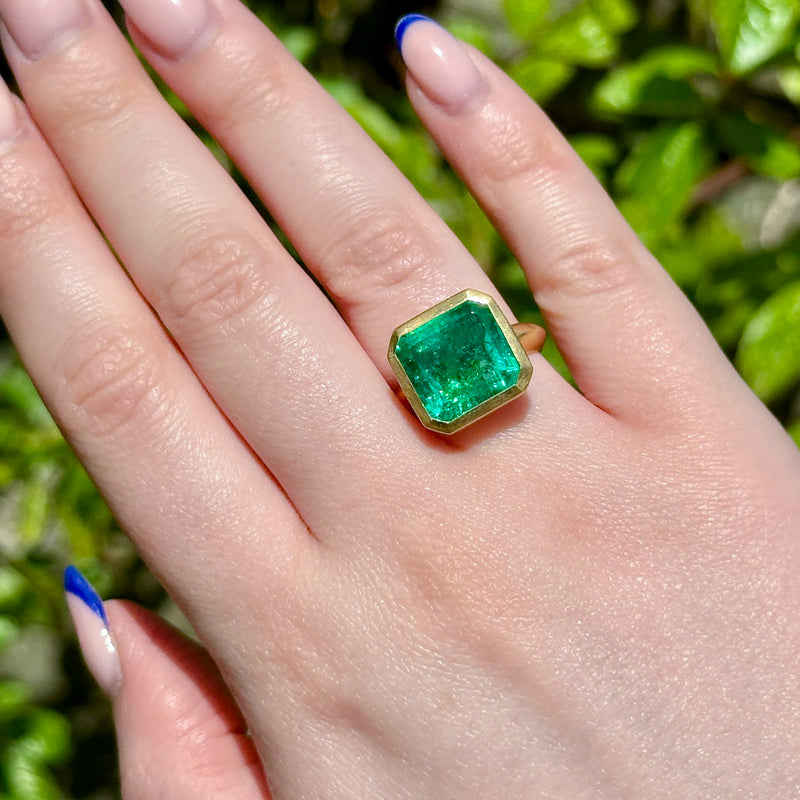 Art Deco Style Emerald Solitaire Ring 6.21ct Colombian Emerald With Cert