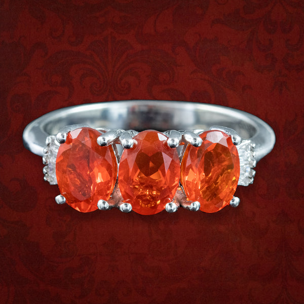Art Deco Style Fire Opal Diamond Trilogy Ring 1.8ct Total