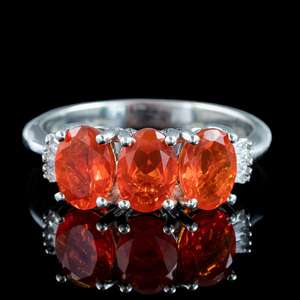 Art Deco Style Fire Opal Diamond Trilogy Ring 1.8ct Total