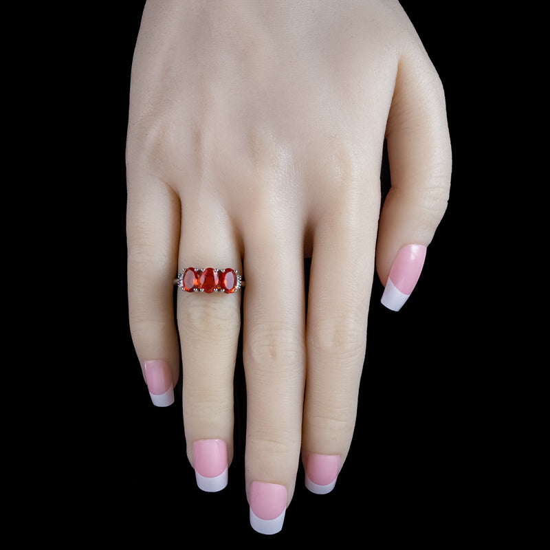 Art Deco Style Fire Opal Diamond Trilogy Ring 1.8ct Total