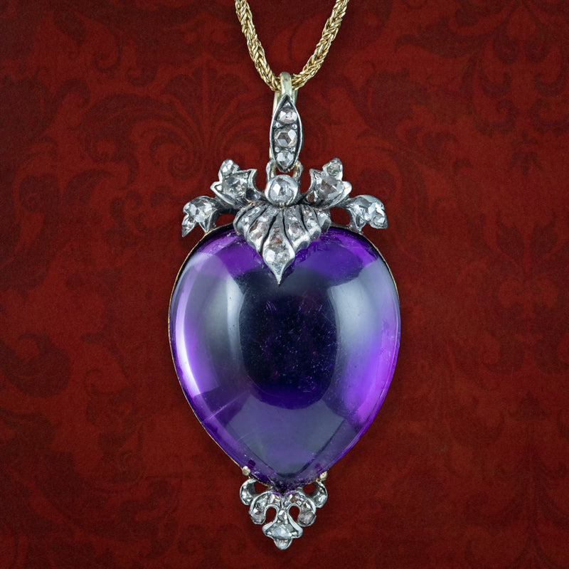 Antique Georgian Amethyst Heart Diamond Pendant Locket Necklace