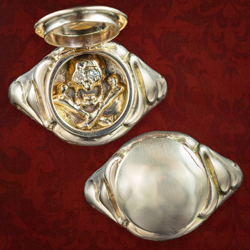 Georgian Style Memento Mori Locket Ring With Diamond Skull 