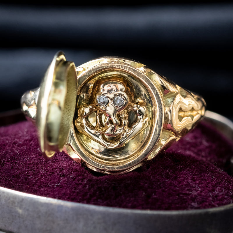 Georgian Style Memento Mori Locket Ring With Diamond Skull 