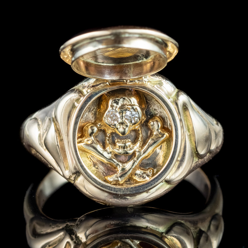 Georgian Style Memento Mori Locket Ring With Diamond Skull 