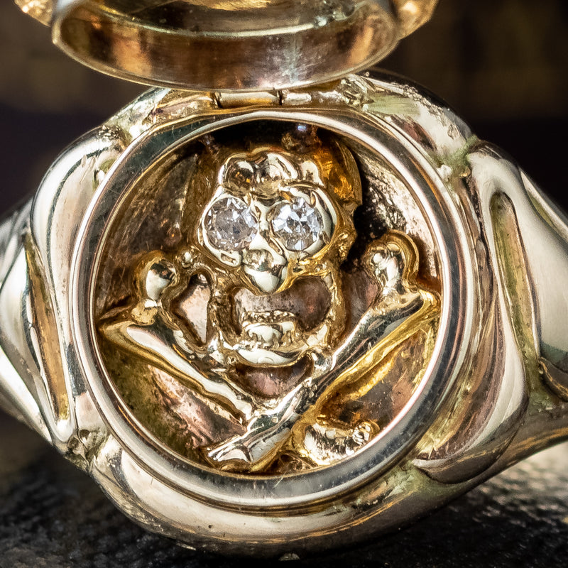 Georgian Style Memento Mori Locket Ring With Diamond Skull 