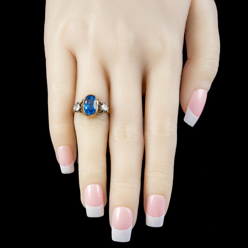 Georgian Style Sapphire Diamond Trilogy Ring 3ct Sapphire With Cert