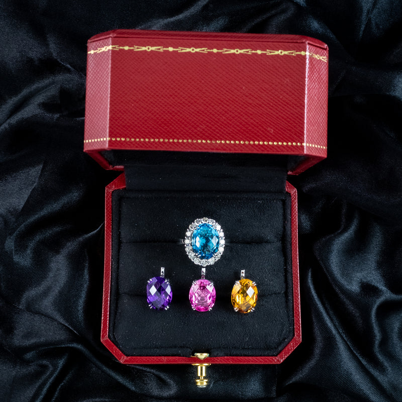 Interchangeable Multi-Gemstone Cluster Ring With Box