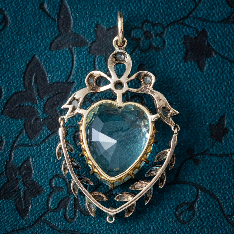 Antique Victorian Aquamarine Diamond Heart Pendant 6ct Aqua