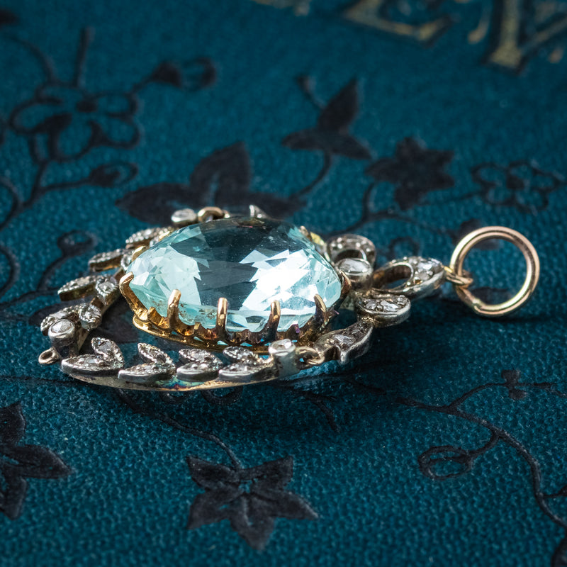 Antique Victorian Aquamarine Diamond Heart Pendant 6ct Aqua