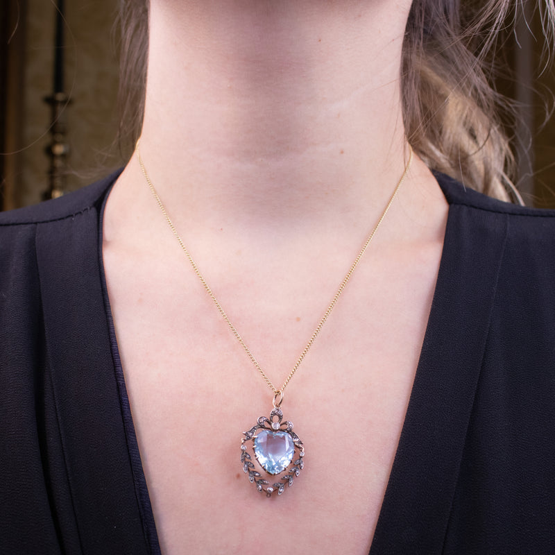 Antique Victorian Aquamarine Diamond Heart Pendant 6ct Aqua