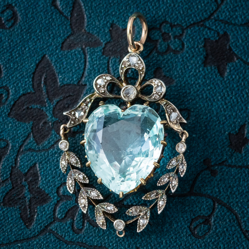 Antique Victorian Aquamarine Diamond Heart Pendant 6ct Aqua