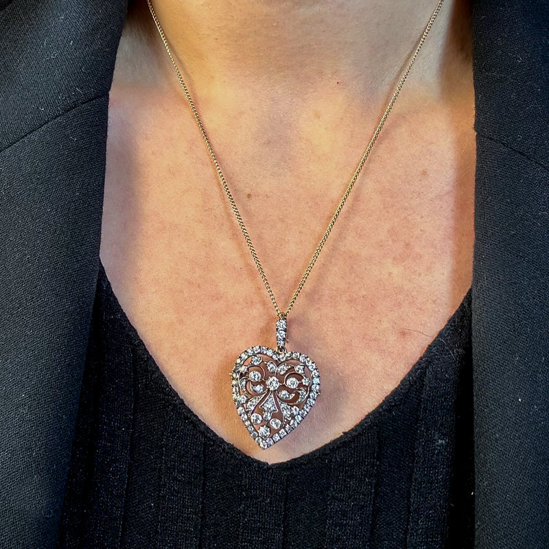 Antique Victorian Diamond Heart Pendant Brooch 2.5ct Total