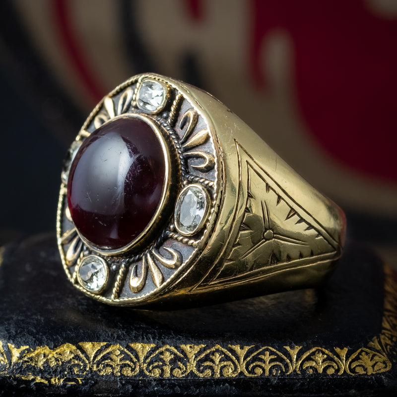 Antique Victorian Mourning Bishop Ring Garnet Diamond Inscribed Abbot Leo 1888