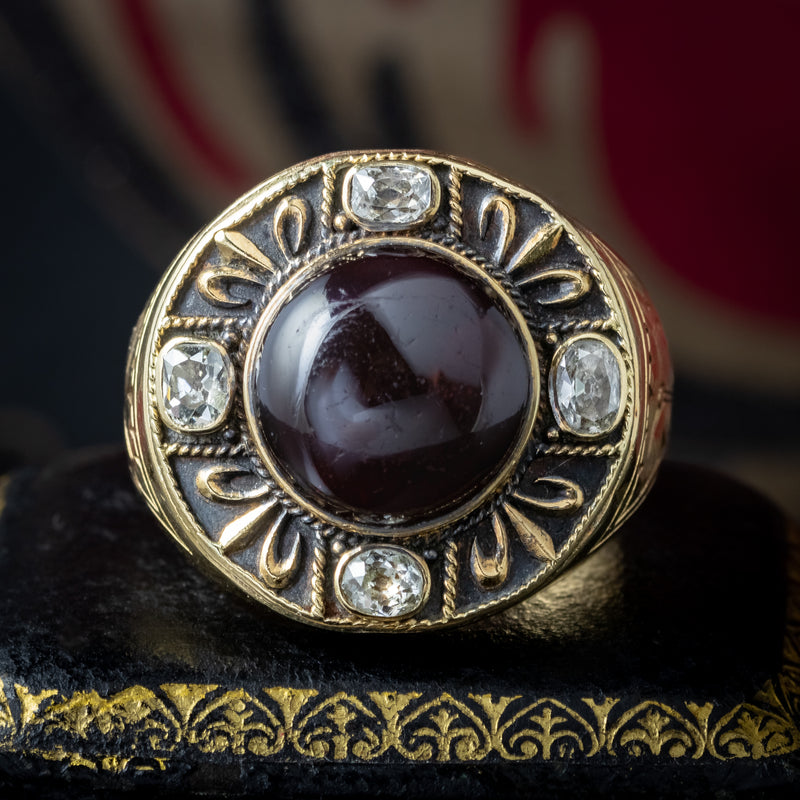 Antique Victorian Mourning Bishop Ring Garnet Diamond Inscribed Abbot Leo 1888