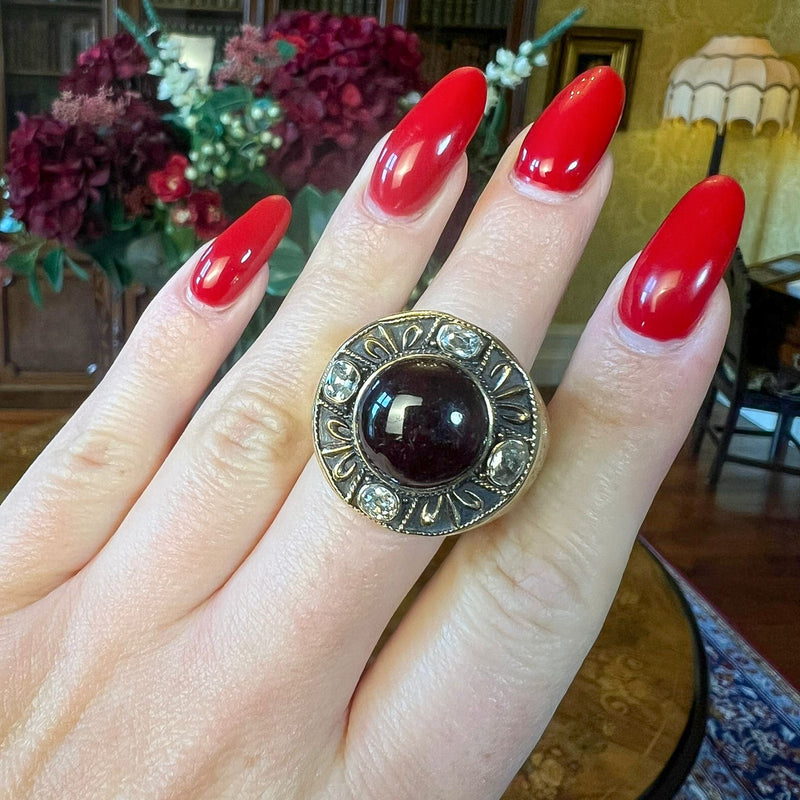 Antique Victorian Mourning Bishop Ring Garnet Diamond Inscribed Abbot Leo 1888