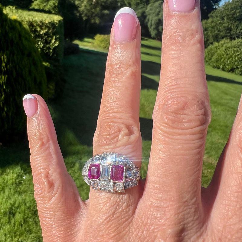 Art Deco Pink Sapphire Diamond Cluster Ring
