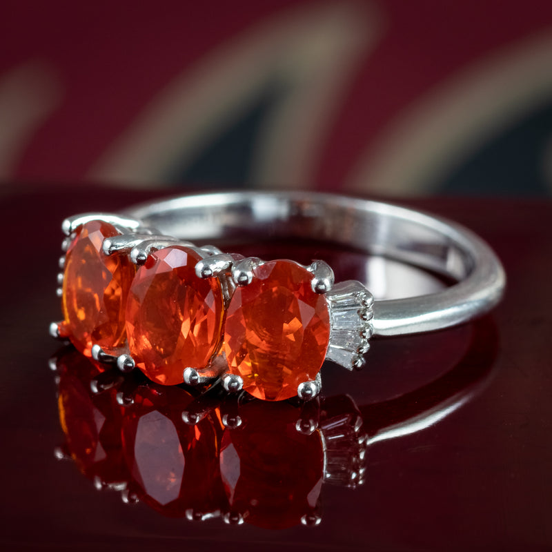 Art Deco Style Fire Opal Diamond Trilogy Ring 1.8ct Total
