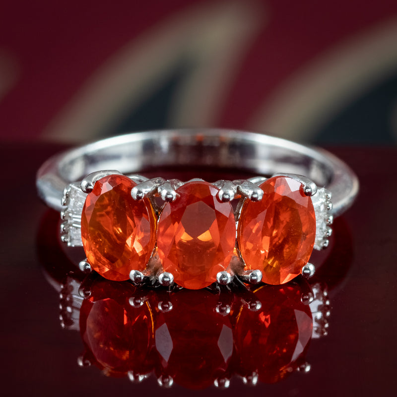 Art Deco Style Fire Opal Diamond Trilogy Ring 1.8ct Total